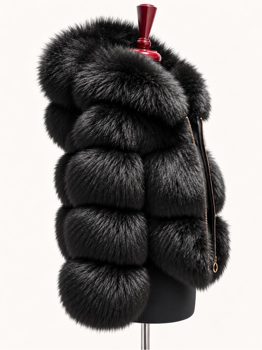 Black Genuine Fox Fur Jacket Hooded Zip Up Luxury Winter Coat Women - Picture 3 of 6